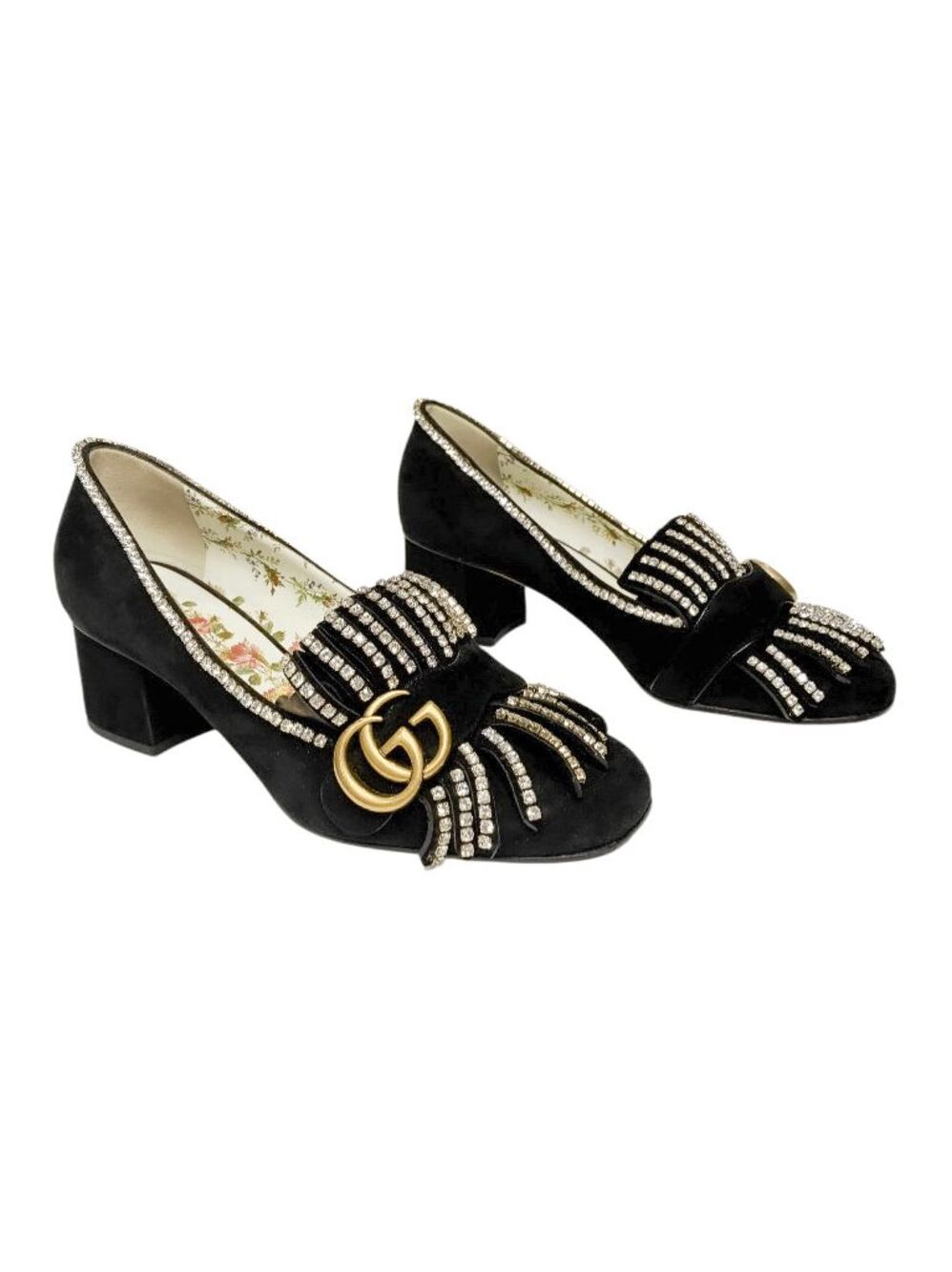Gucci Marmont GG Black Suede Crystal Strass Fringe Block Heel Pumps EU 37.5